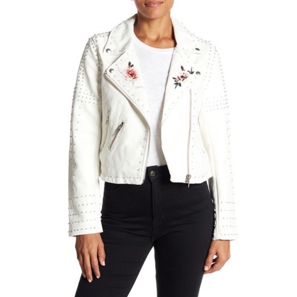 BLANK NYC Stud Floral Moto Faux Leather Jacket